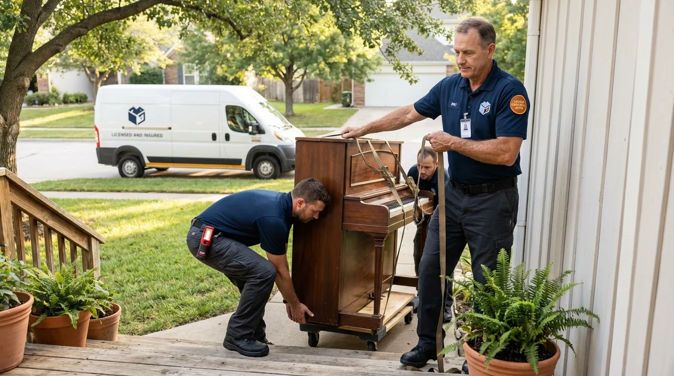 Licensed piano movers securing grand piano in Corinth, NY